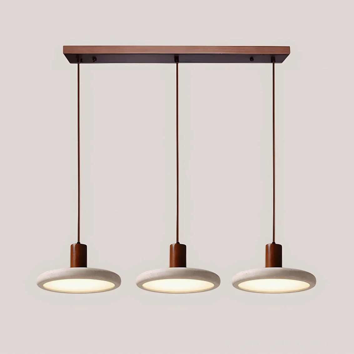 Mesa Halo triple pendant light fixture in walnut and beige color finish displaying natural material authenticity and design proportions