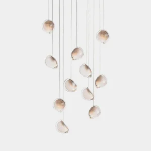 Handcrafted mesh glass pendant chandelier with white and clear glass layers featuring copper mesh detail, modern sculptural lighting fixture front view