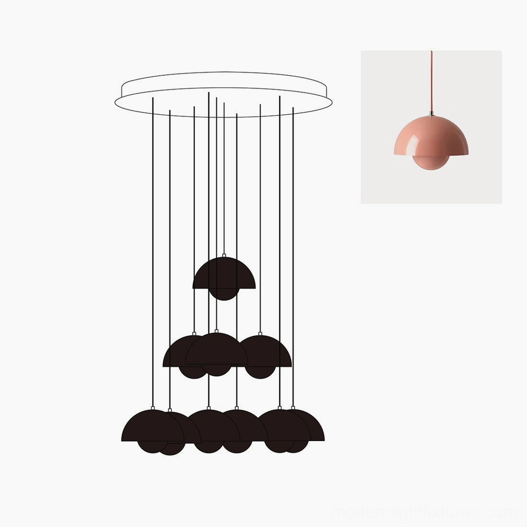 Modern multi-head dome pendant chandelier with metal frame and aluminum shade components