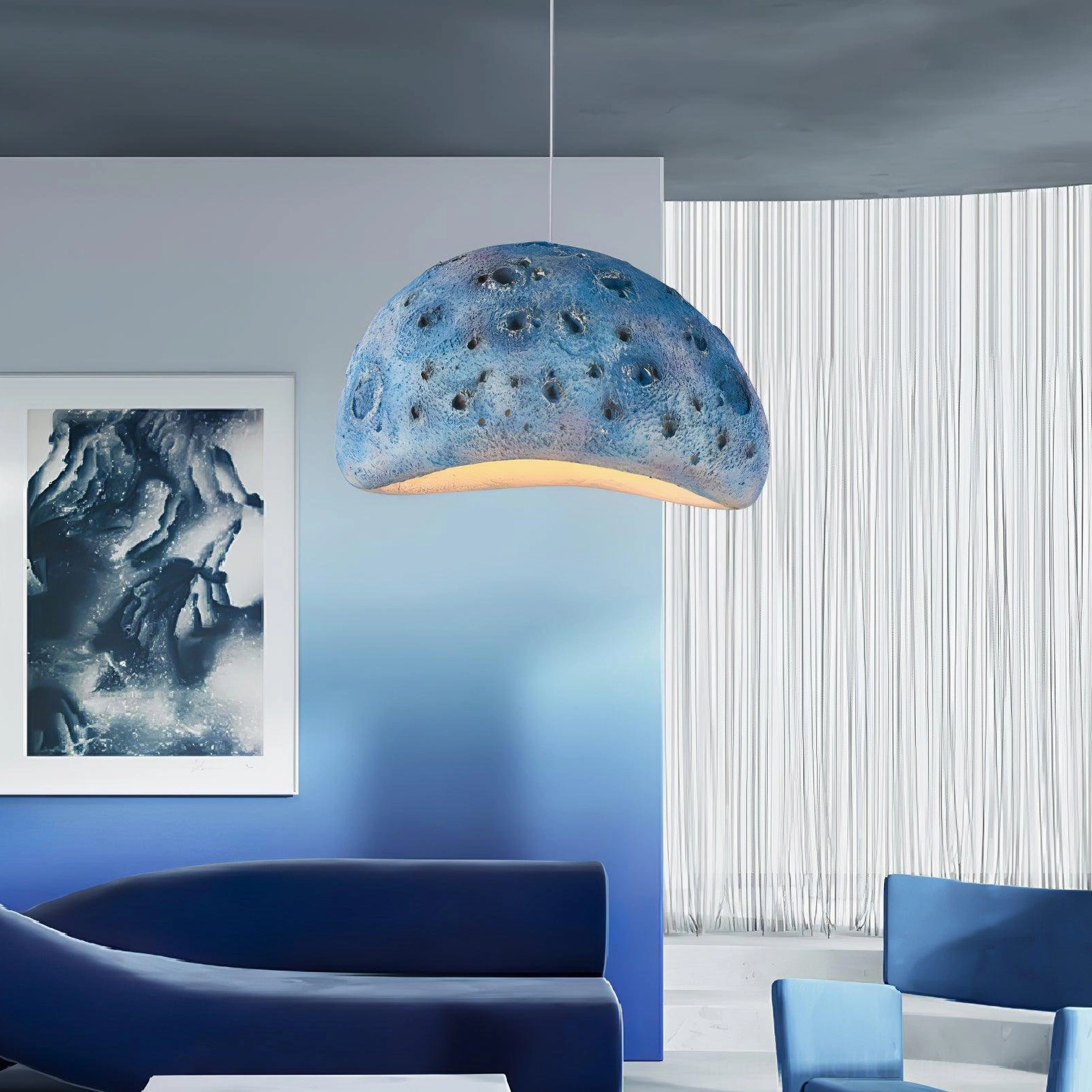 Meteorite crater pendant light showing crater texture surface detail and craftsmanship quality