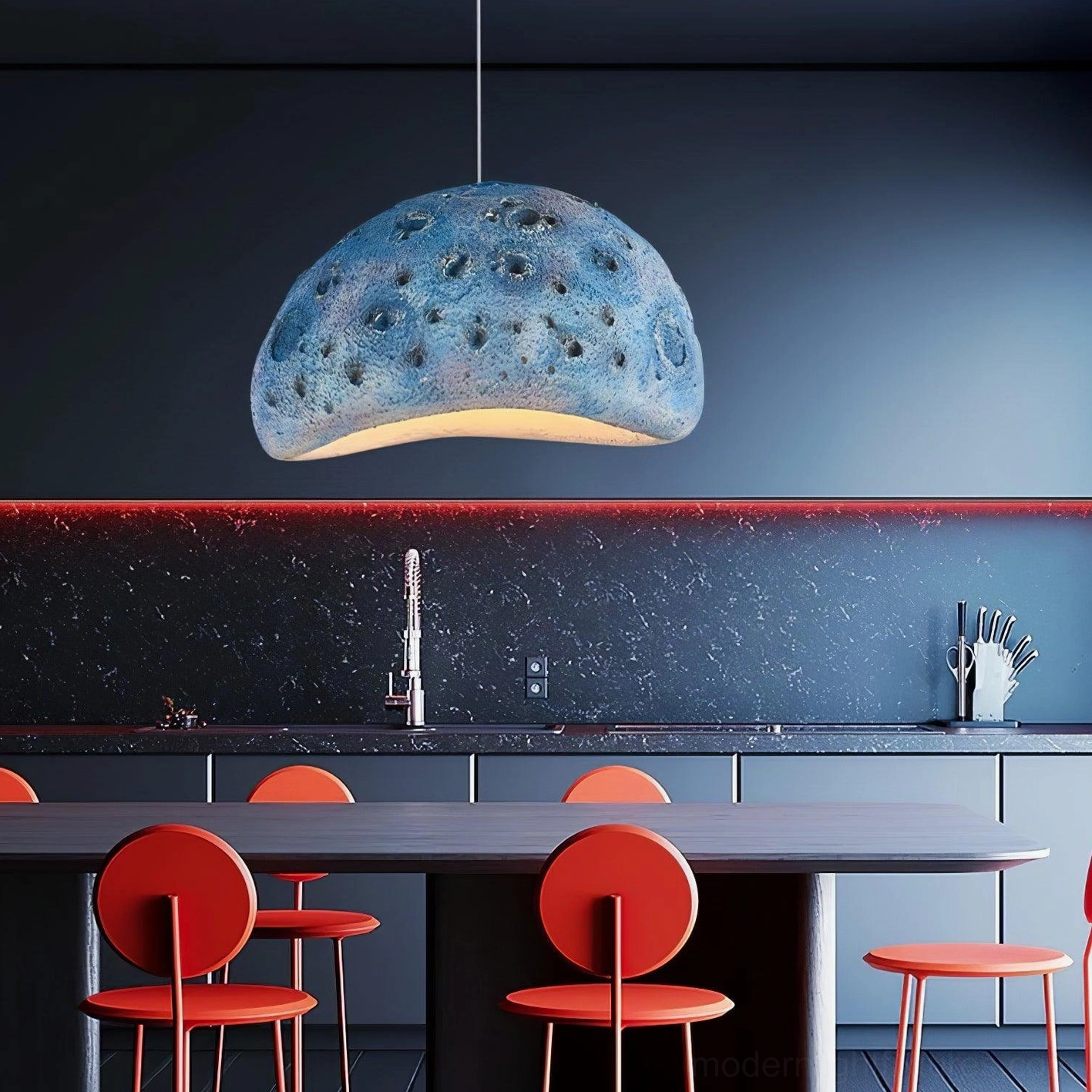 Meteorite crater pendant light size comparison between 40cm small and 60cm large diameter options