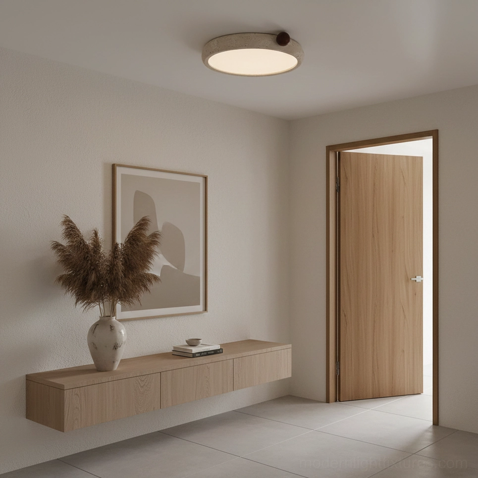 Metra travertine flush mount light in modern hallway with floating shelf minimalist design