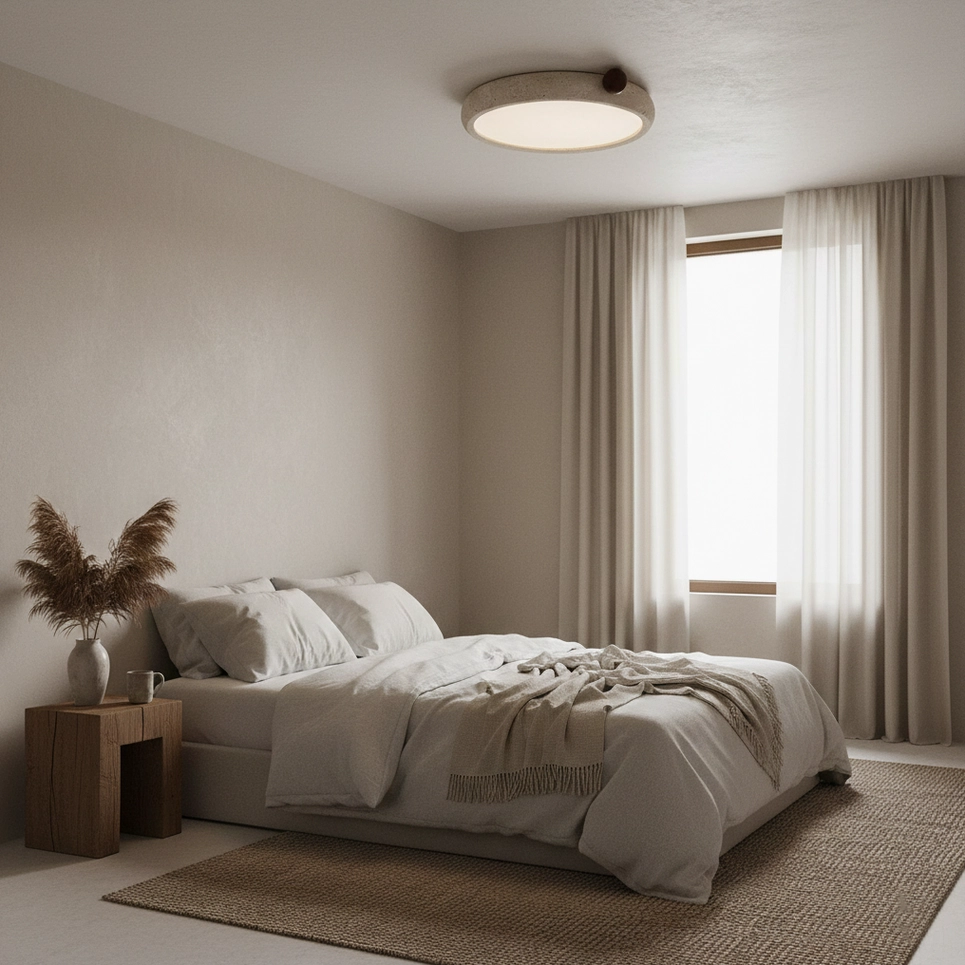 Metra circular travertine ceiling light showing natural stone pitting and authentic material character