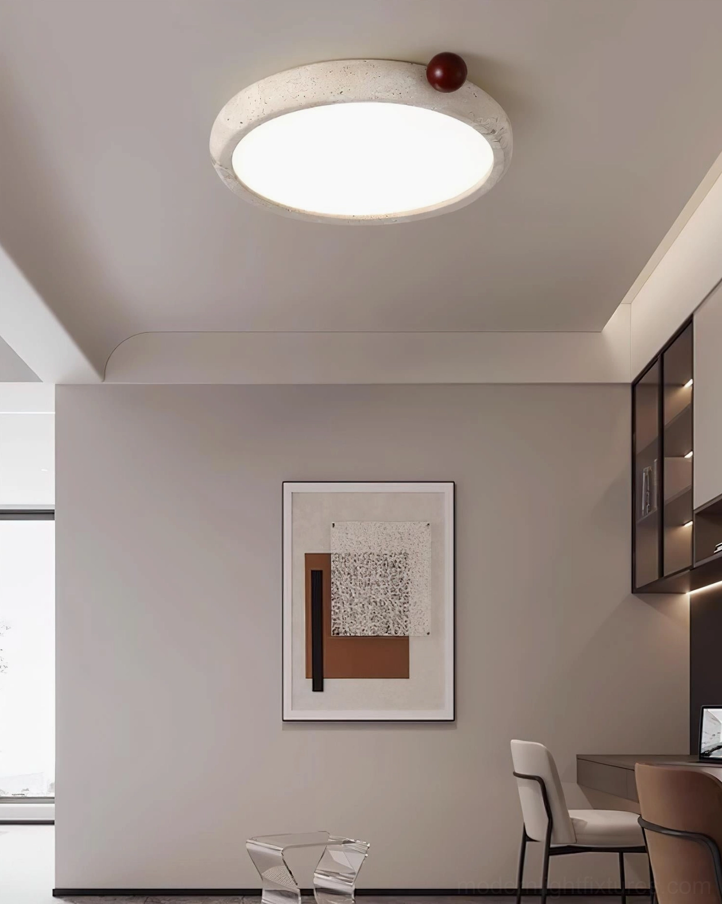 Metra travertine ceiling light complete assembly with beige stone and warm wood accent