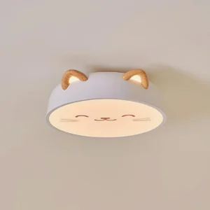 Mewi smiling cat flush mount ceiling light fixture three-quarter angle showing wooden ear details and warm glow