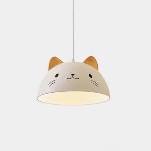 Mewi cat face pendant light with white dome shade and sculpted wooden ears, front view on minimalist white background