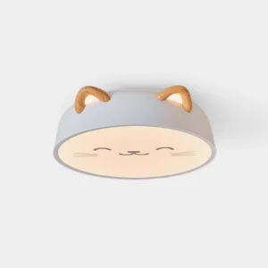 Mewi cat face ceiling light fixture with wooden ear accents overhead flat view on white background