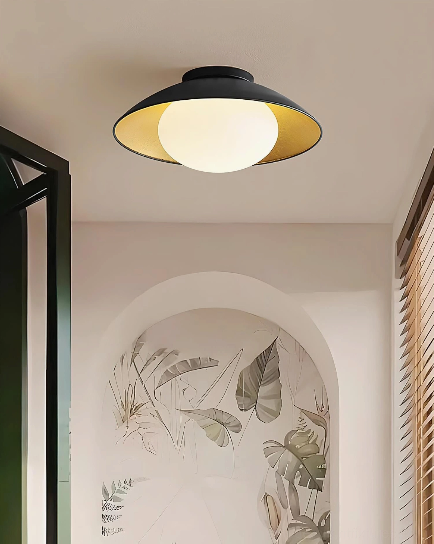 Mezo modern ceiling light fixture in minimalist retro bedroom with botanical wall mural