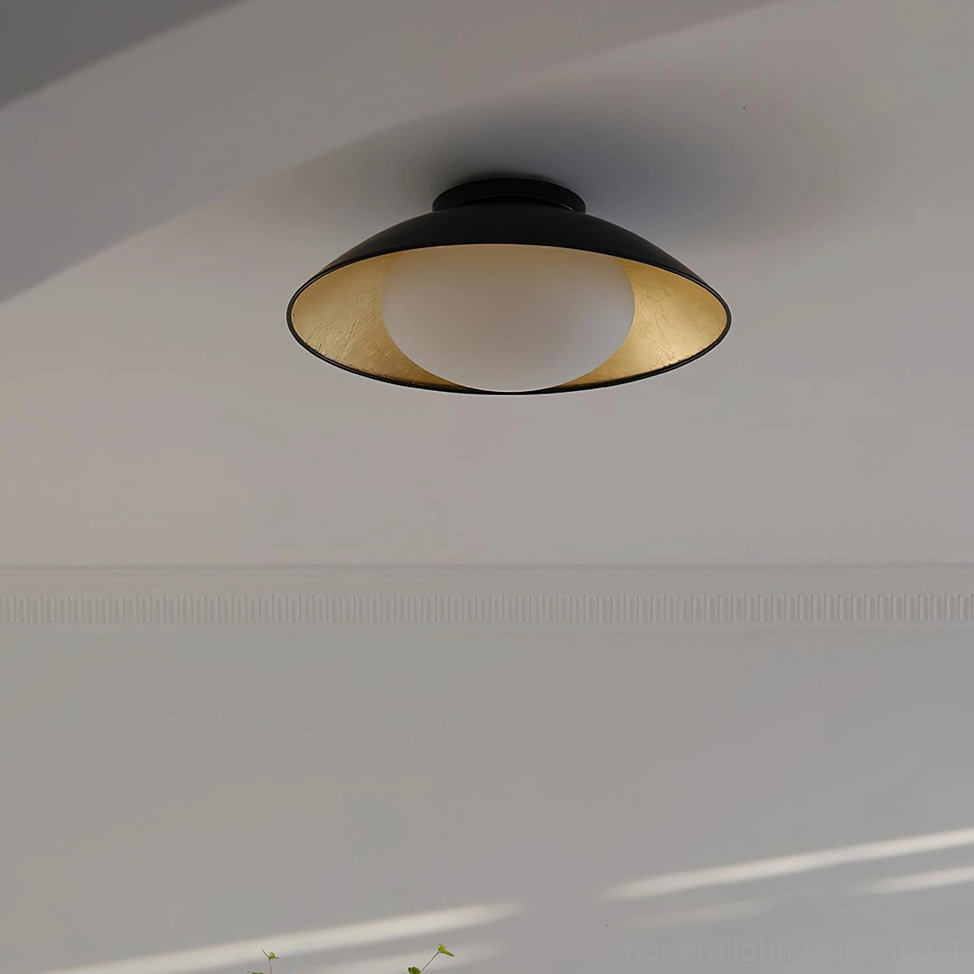 Under-ceiling view of Mezo modern light fixture in minimalist white hallway interior