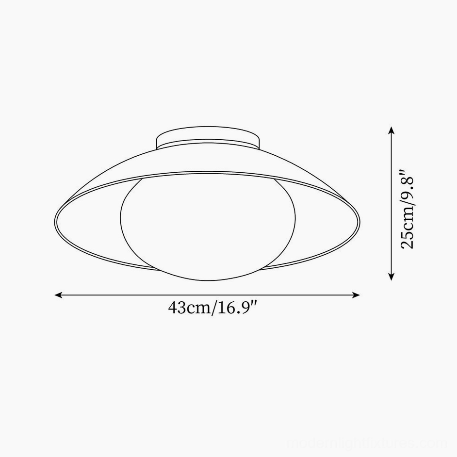 Technical schematic drawing of Mezo ceiling light dimensions and dome shade globe structure