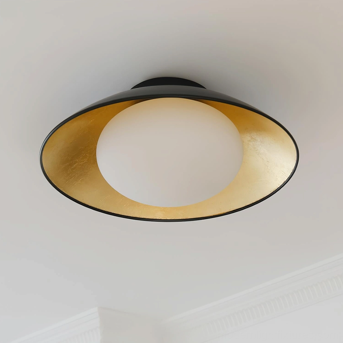 Front close-up studio showcase of Mezo modern ceiling light oversized dome shade black rim gold interior