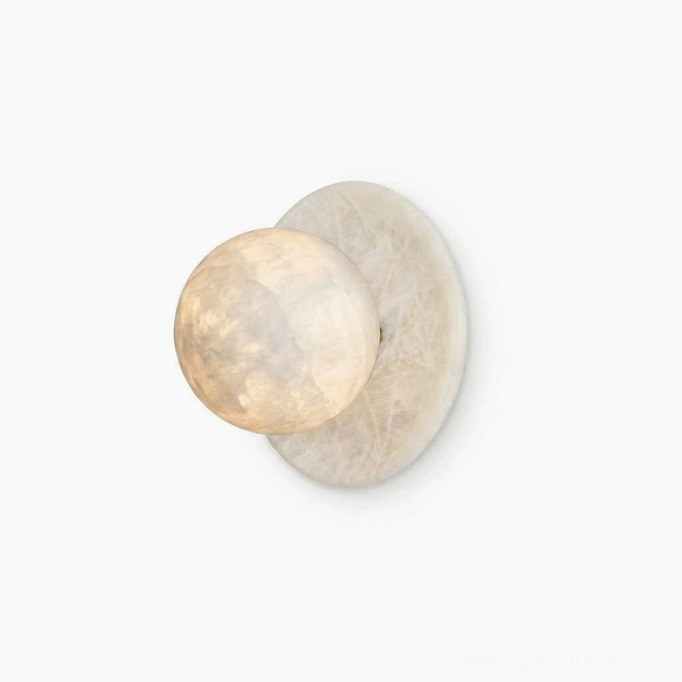 Mia Ball Alabaster Wall Sconce — hand-carved natural gypsum stone with cream and taupe veining, minimalist design
