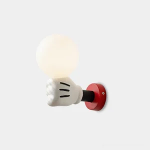 Mickey-inspired cartoon glove wall sconce with glass orb, front close-up view on white background