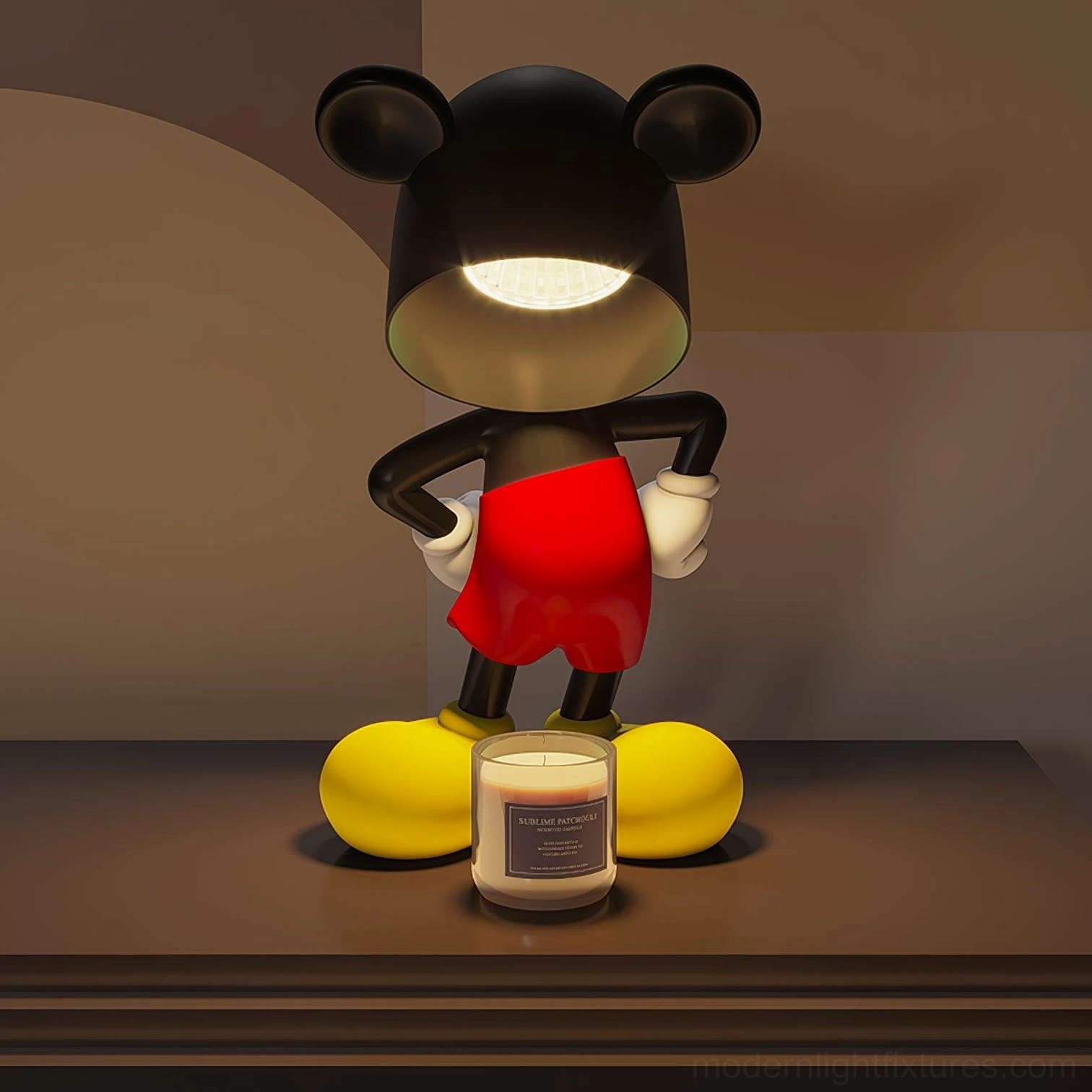 Mickey candle warmer lamp on bedroom nightstand melting scented wax warmth