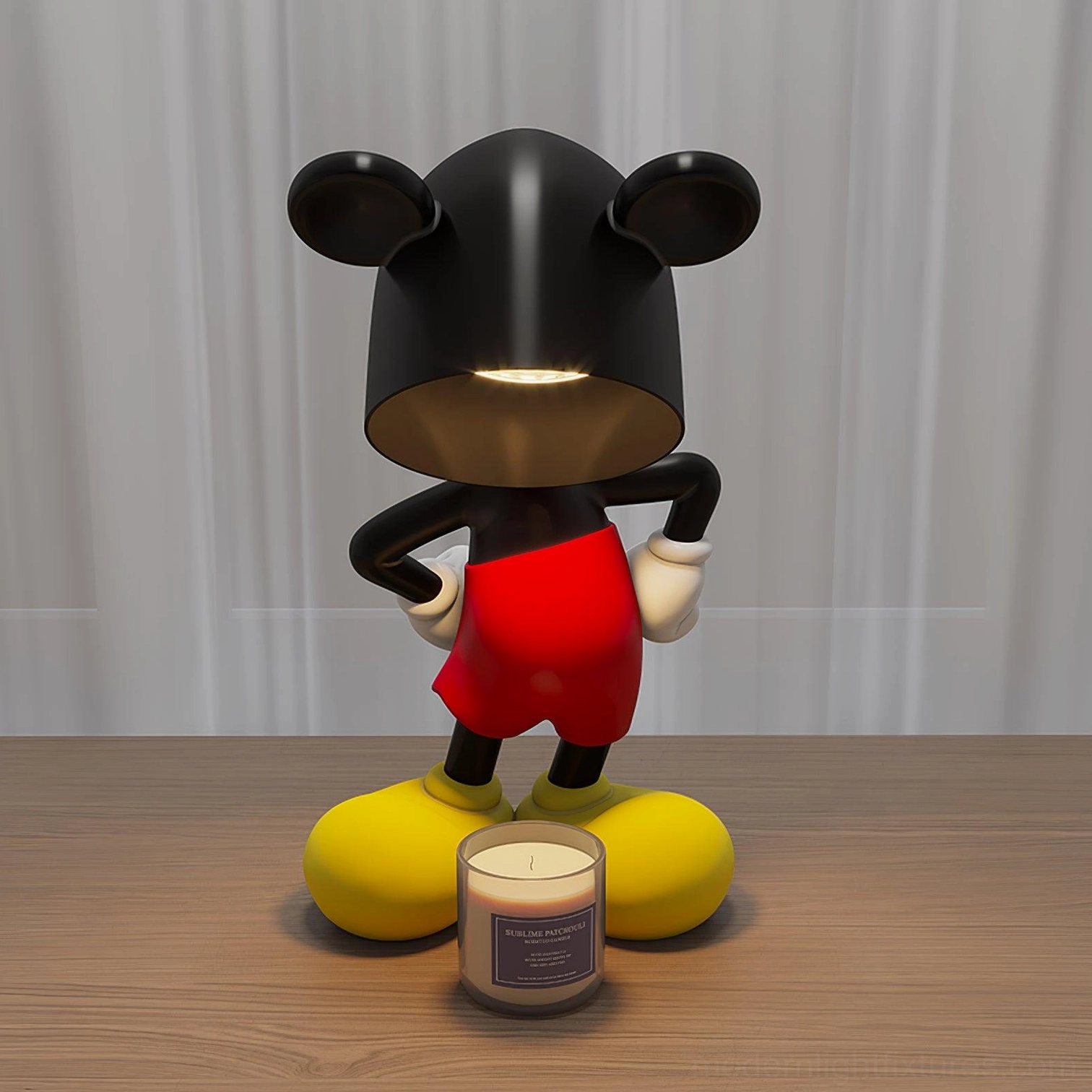 Mickey candle warmer lamp desktop display with gray scented candle wooden table