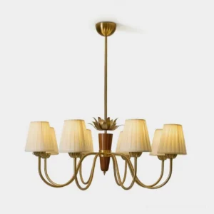 8-light mid-century modern chandelier with copper brass frame and pleated fabric shades, front studio view
