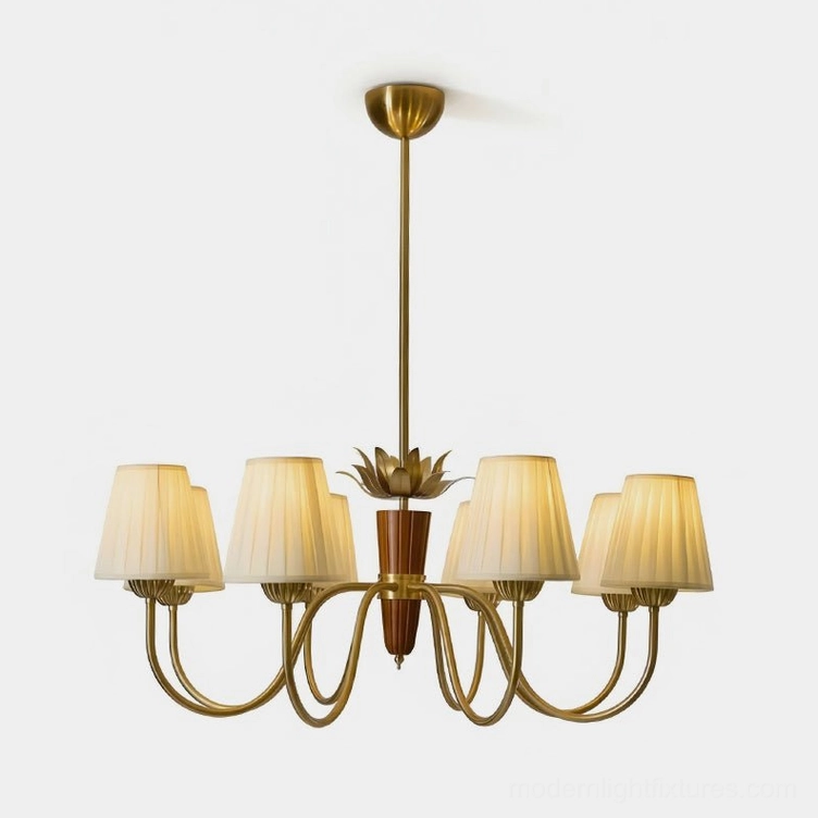 8-light mid-century modern chandelier with copper brass frame and pleated fabric shades, front studio view