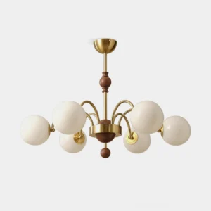 8-light mid-century globe chandelier with brass and walnut wood frame, opal glass shades on white background