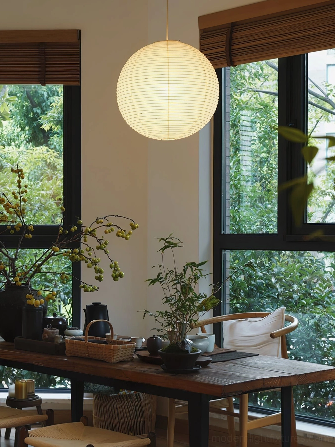 Mid-century modern Akari paper pendant light fixture with black plug-in cord