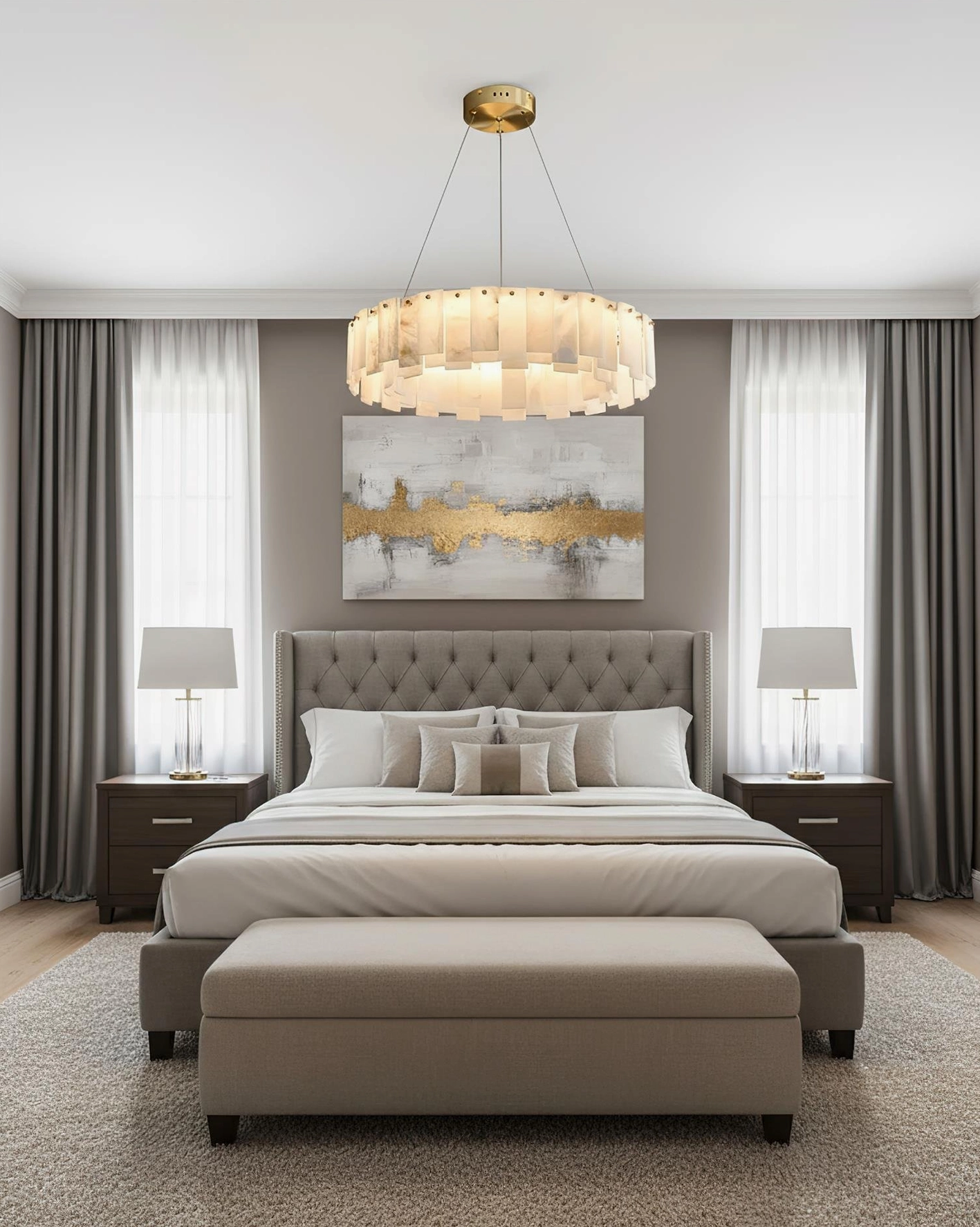 Mid-century modern inspired alabaster chandelier suspended in luxury interior, natural translucent stone ring with warm brass fixture creating ambient gallery lighting