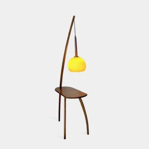 Mid-century arc floor lamp with side table and amber glass shade - front product view