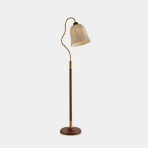 Mid-century arc floor lamp with curved metal arm, walnut wood base, and beige fabric shade on white background, front view
