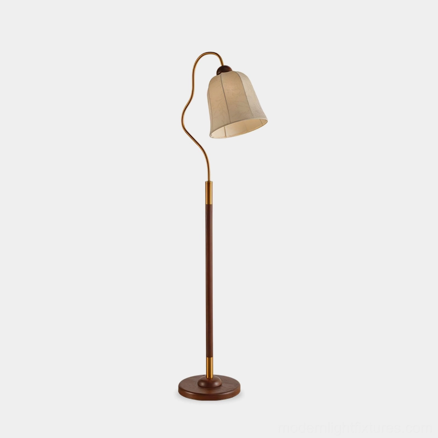 Mid-century arc floor lamp with curved metal arm, walnut wood base, and beige fabric shade on white background, front view