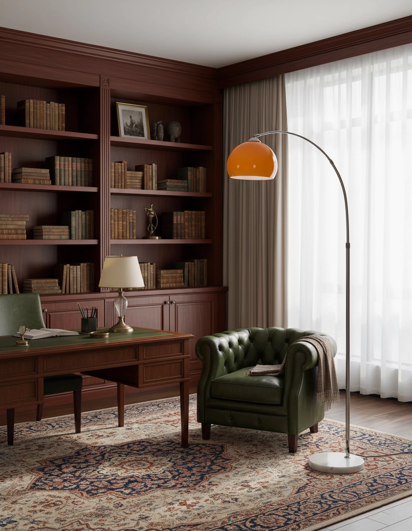 Mid-century modern arc floor lamp with chrome frame and orange spherical shade in home office