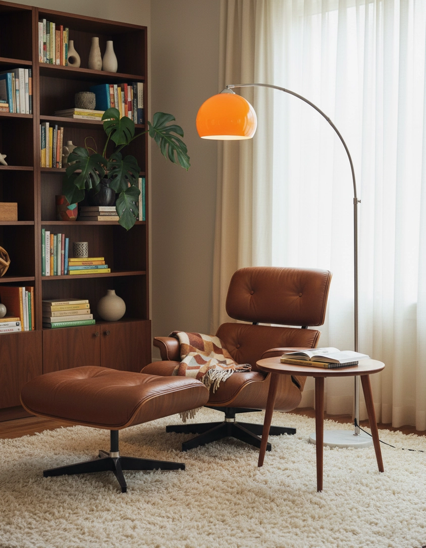 Retro mid-century arc floor lamp in reading area with leather chair, chrome arched pole and orange shade