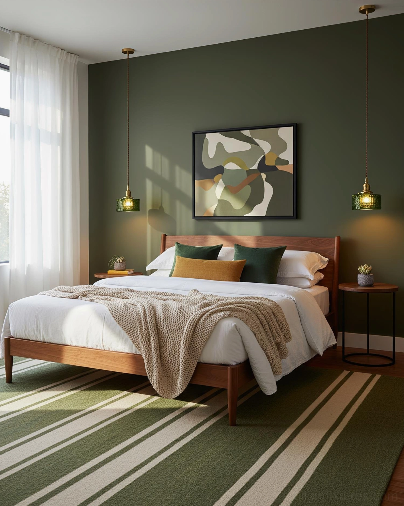 Dual vintage green pendant lights in mid-century modern bedroom with sage walls - bedroom lighting design