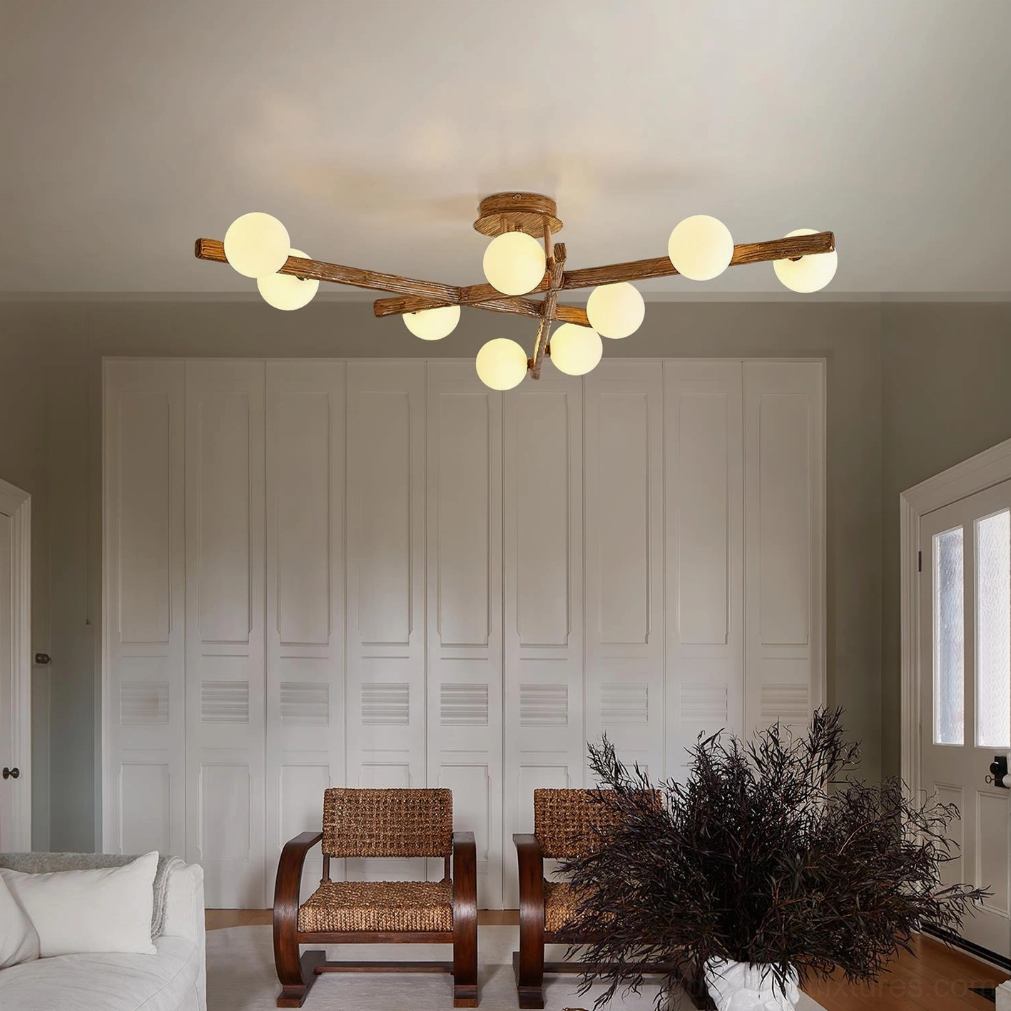 Mid-century style semi-flush ceiling light in warm brown finish - low angle ceiling installation view