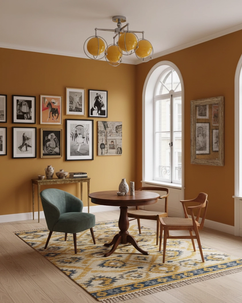 Modern pendant ceiling lamp installed above mid-century dining table with terracotta accent wall