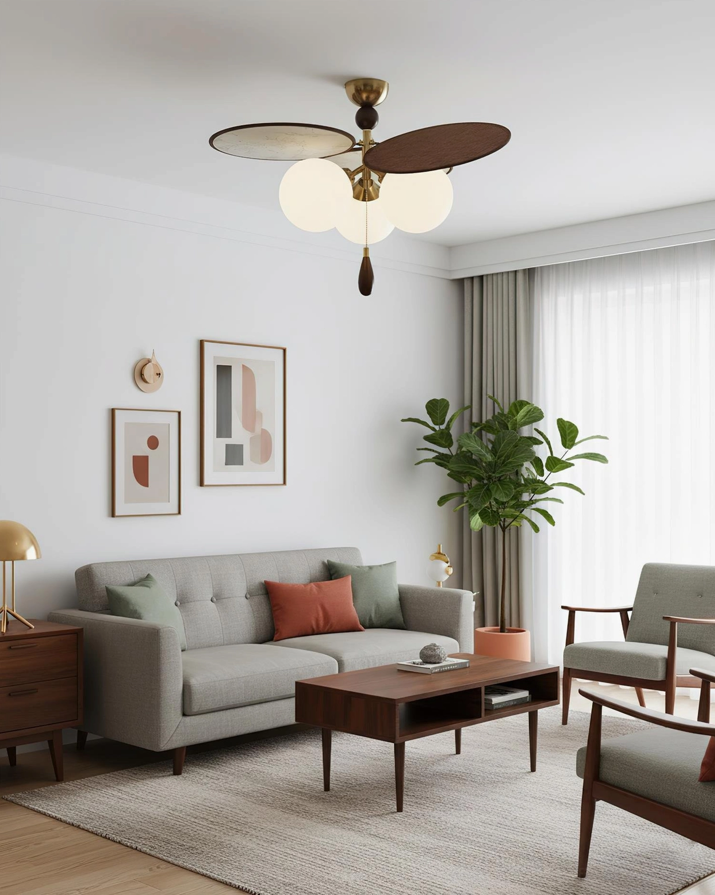 Mid-century modern ceiling light fixture with three opal glass ball shades and walnut wood blades in retro living room