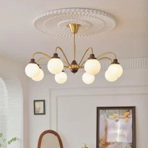 Mid-century modern chandelier ceiling installation showing brass hardware and walnut wood accents