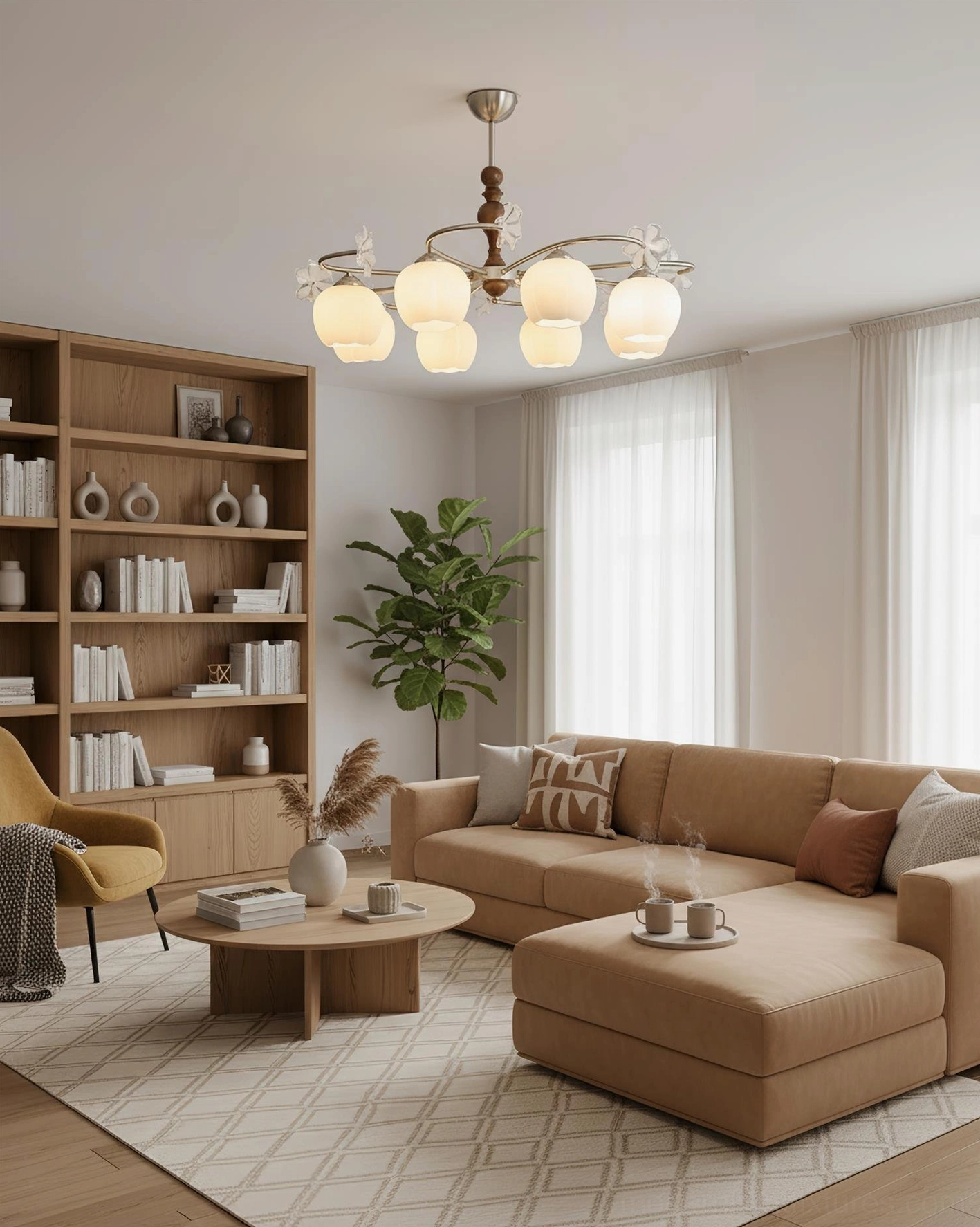 Modern glass pendant chandelier in contemporary interior with mixed materials and mid-century furnishings
