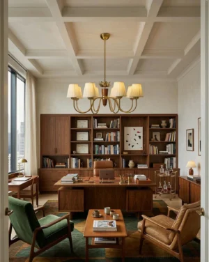 Mid-century modern brass chandelier in vintage home office setting with warm wood tones and retro furnishings