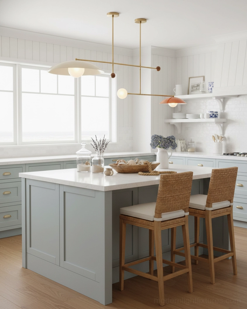 Multi-light pendant lamp over Shaker-style kitchen dining island, brass frame with mixed matte and terracotta shades
