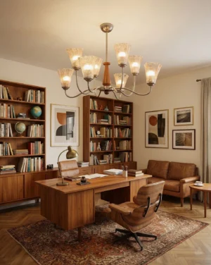 Mid-Century Modern Chandelier Installed in Vintage Home Office with Wooden Furniture - Retro Interior Design Lighting
