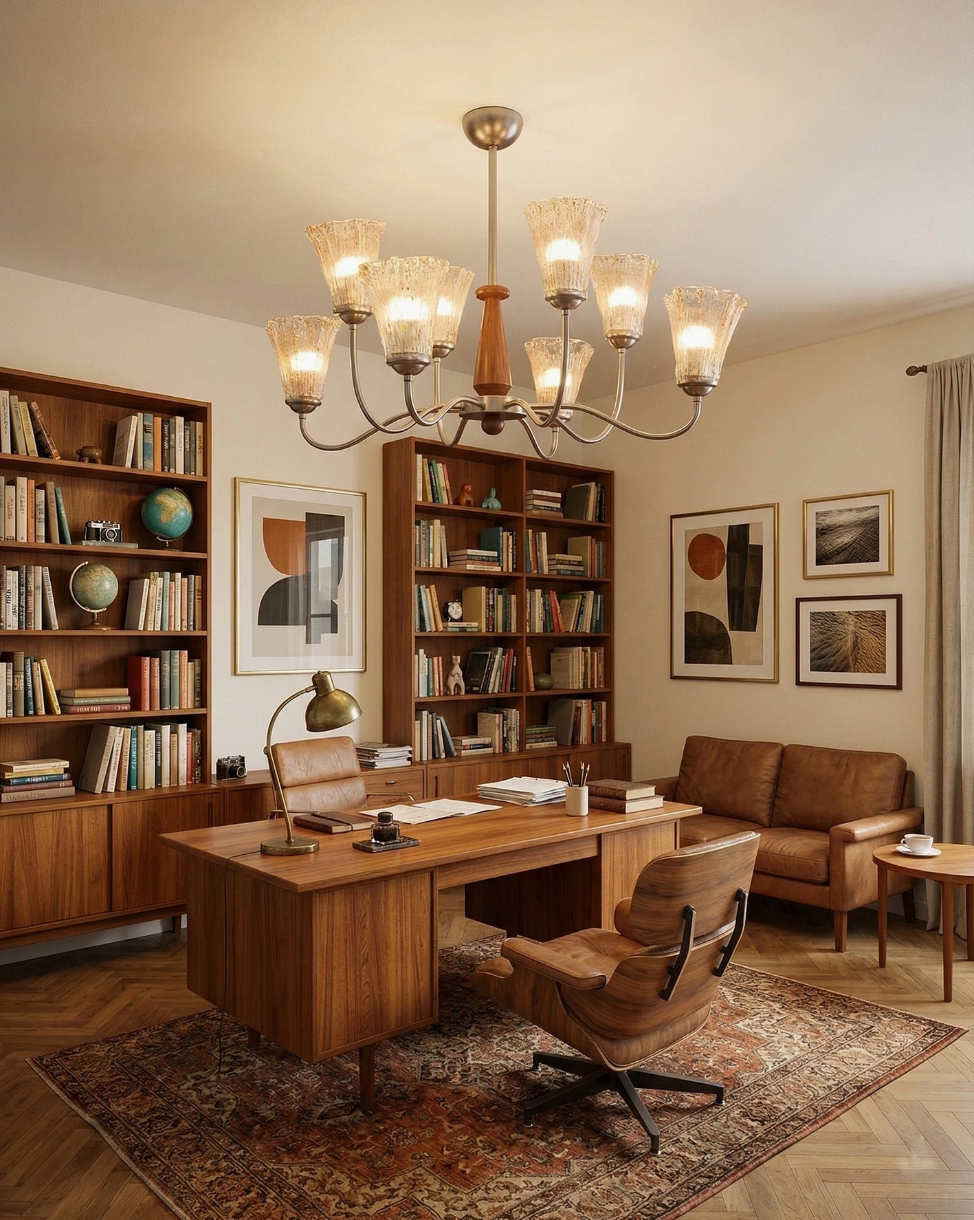 Mid-Century Modern Chandelier Installed in Vintage Home Office with Wooden Furniture - Retro Interior Design Lighting