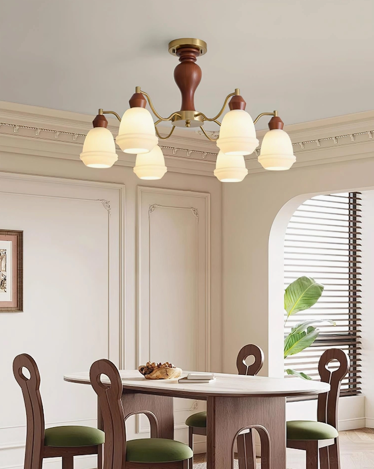 Design details of mid-century modern chandelier wood and metal construction