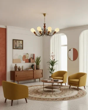 Modern cluster chandelier hanging in mid-century apartment living room with warm retro styling