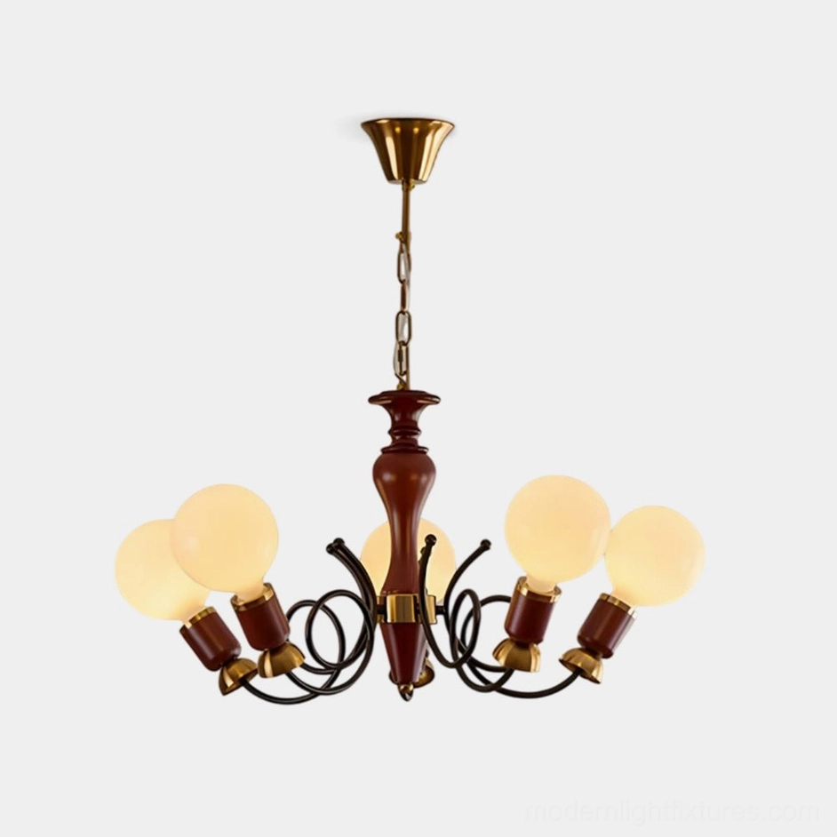 Mid-century cluster chandelier with black metal arms and frosted glass globes, front studio view