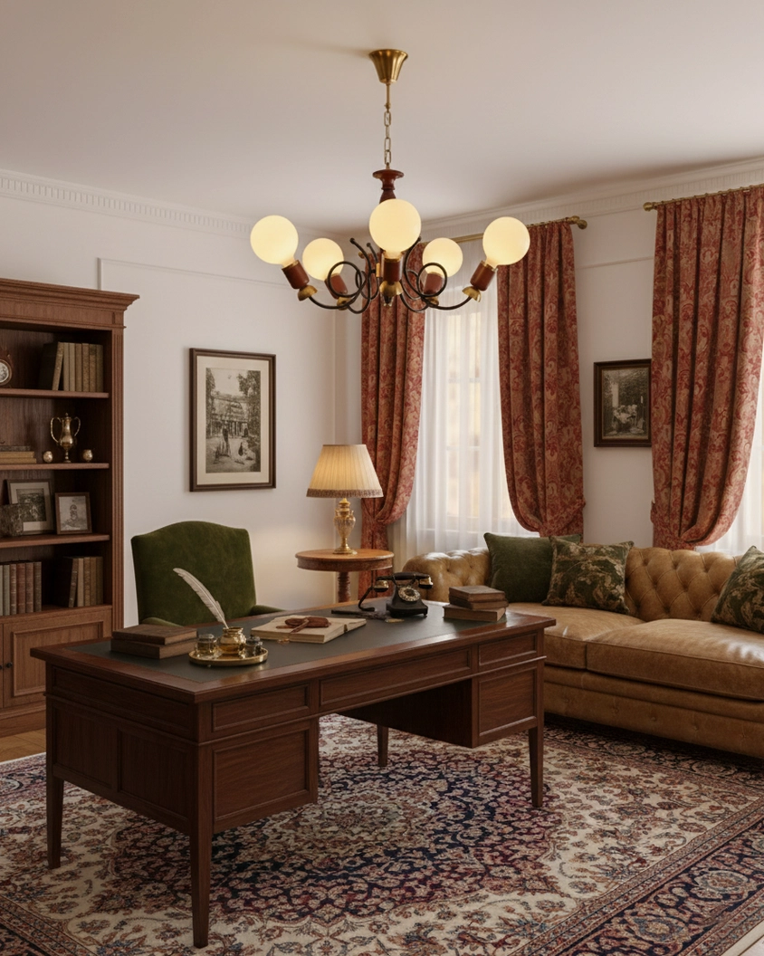 Suspended modern cluster chandelier in traditional study lounge with classic elegant decor