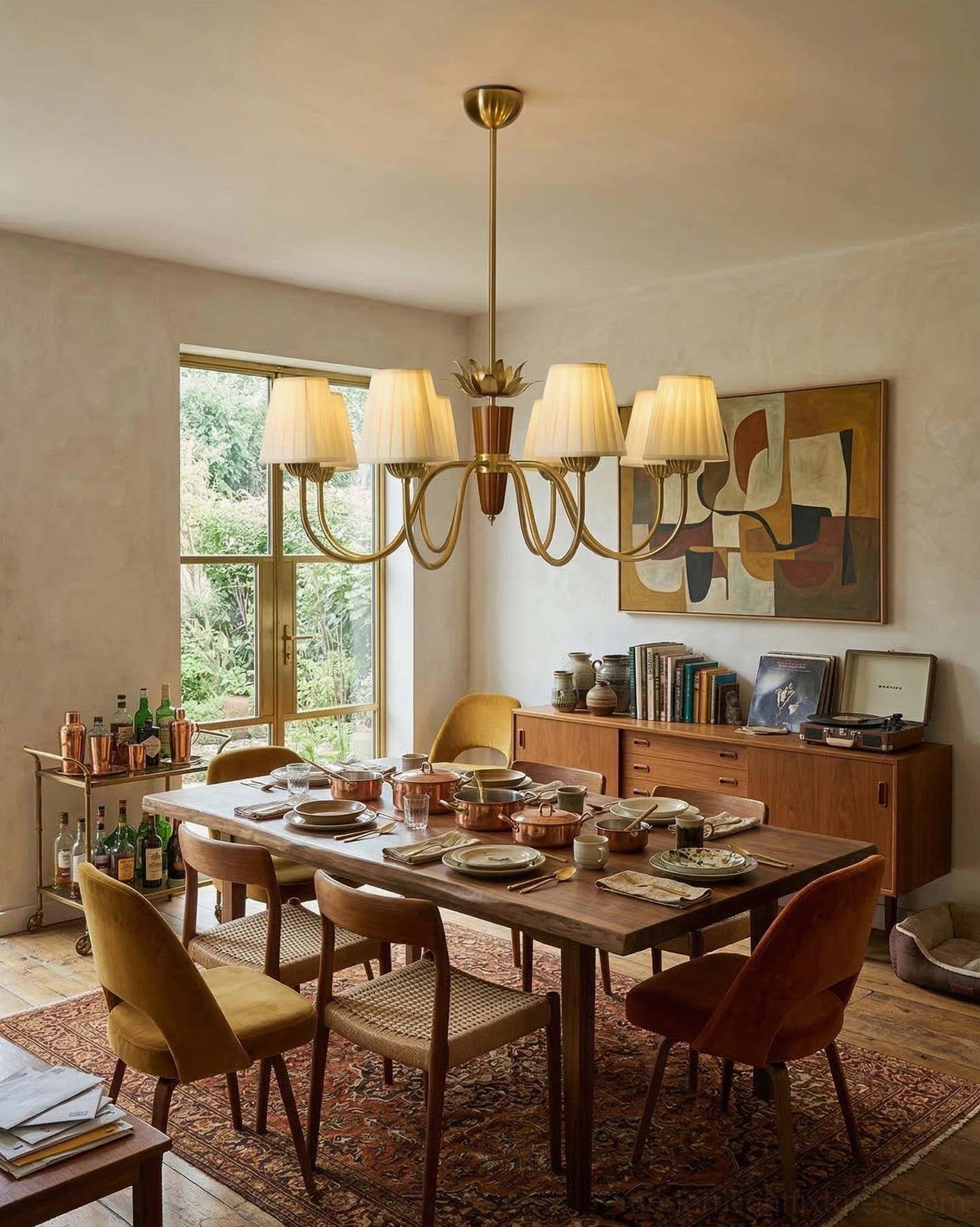Mid-century modern dining space lit by brass chandelier with pleated shades and coordinating vintage wooden furniture