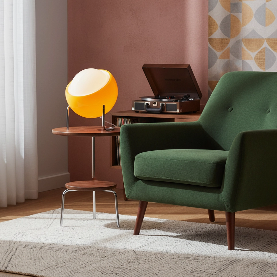 Mid-century modern table lamp with yellow dome shade on side table in retro living room with armchair and record player