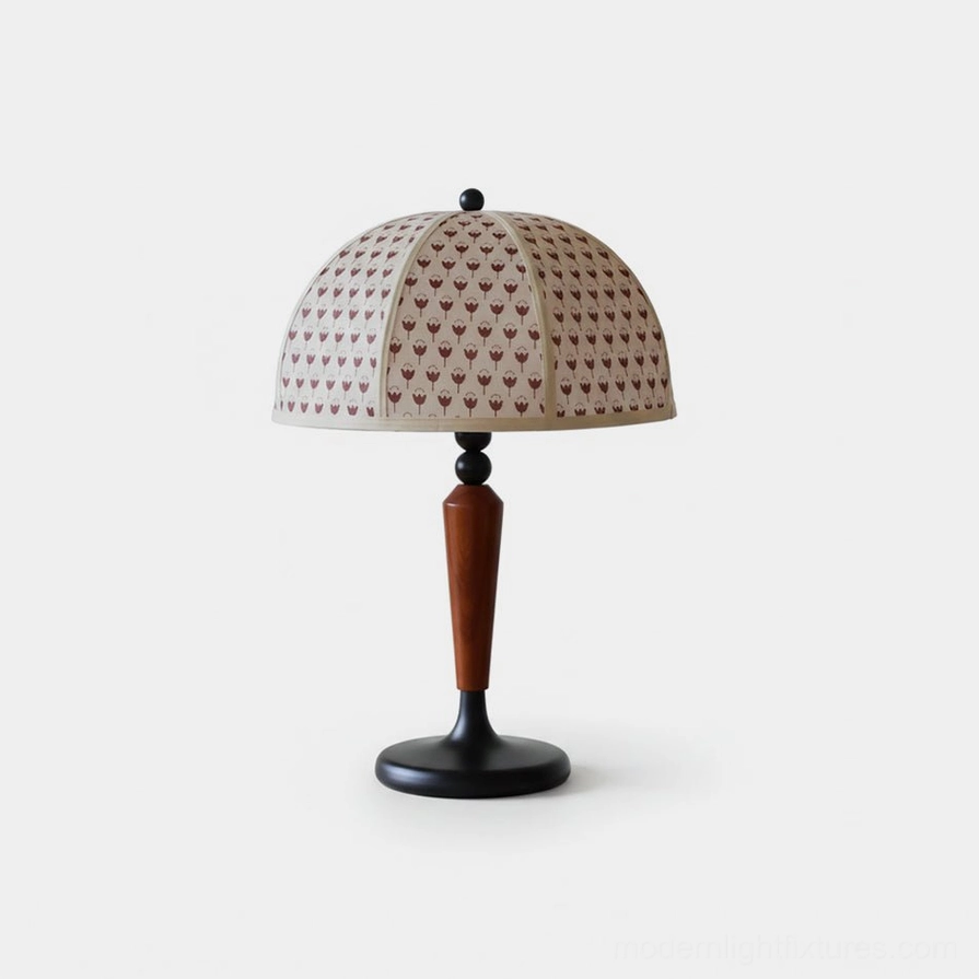 Mid-century modern dome table lamp with tulip pattern fabric shade front view studio