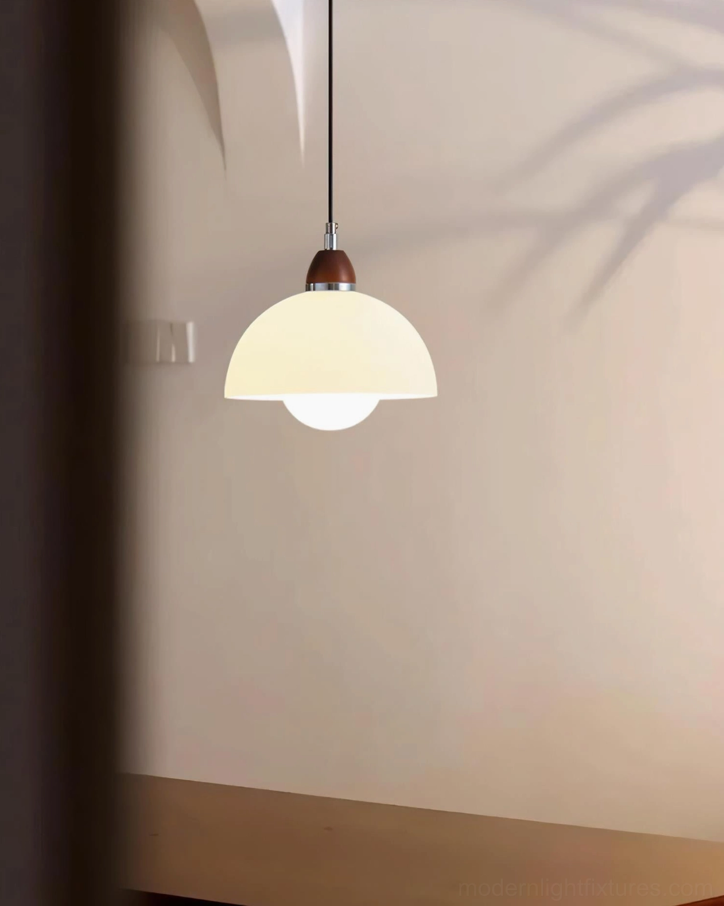 Mid-century modern domed pendant light fixture, walnut wood and white glass, architectural lighting design