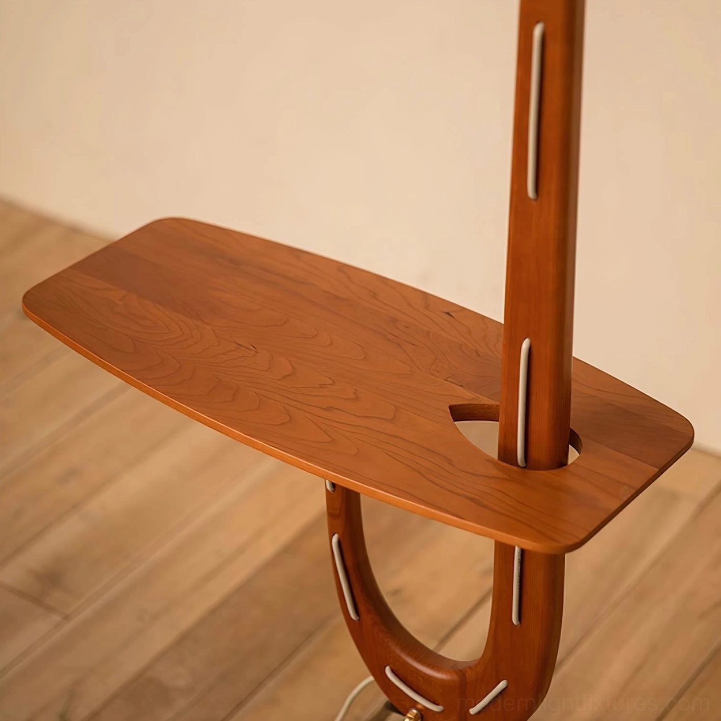 Mid-century modern wood floor lamp with side shelf in eclectic boho living room interior