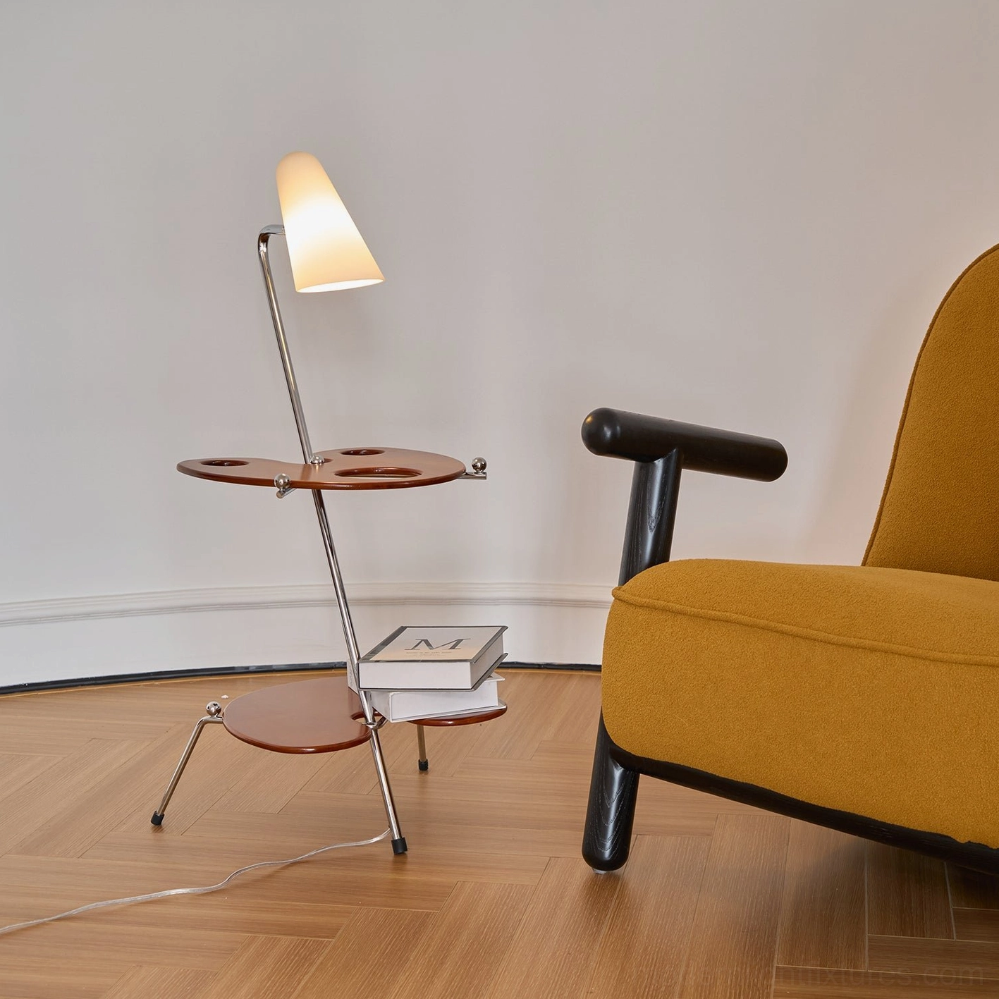Minimalist floor lamp with dual-tiered wooden shelves paired with mustard yellow accent chair in contemporary living room
