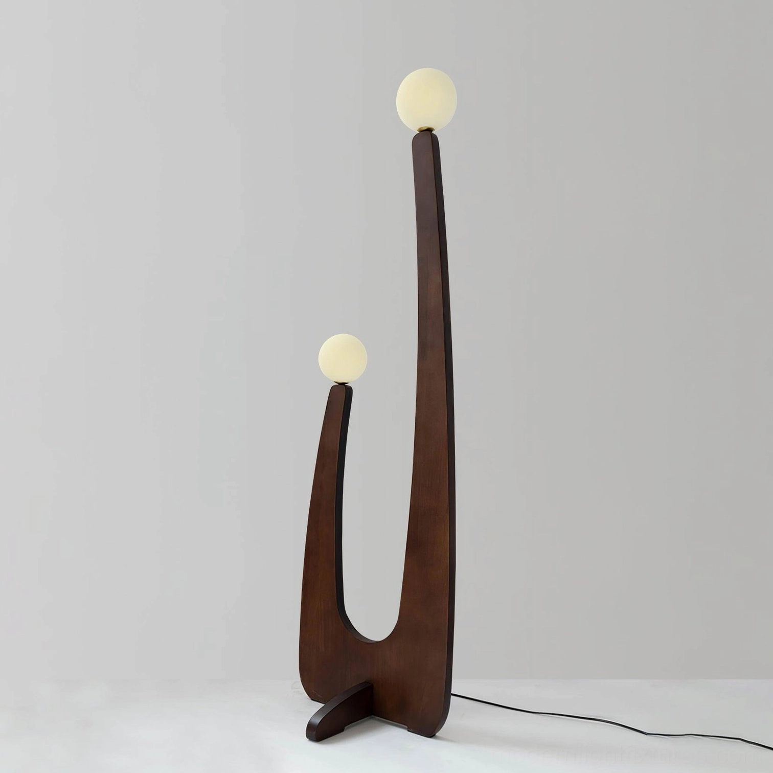 Sculptural mid-century floor lamp with dual frosted glass shades and solid oak turned wood base